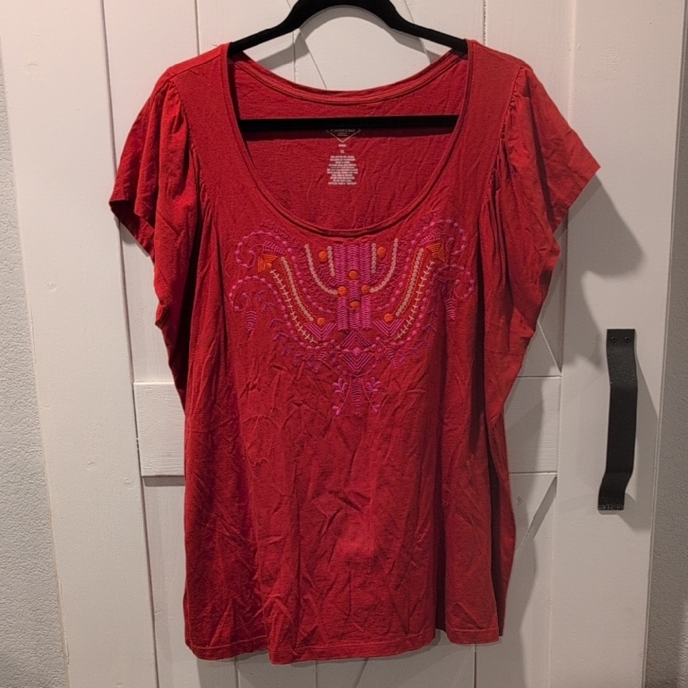St. John's Bay Red Short Sleeve Tee with Embroidery and Flutter Sleeves, Size XL